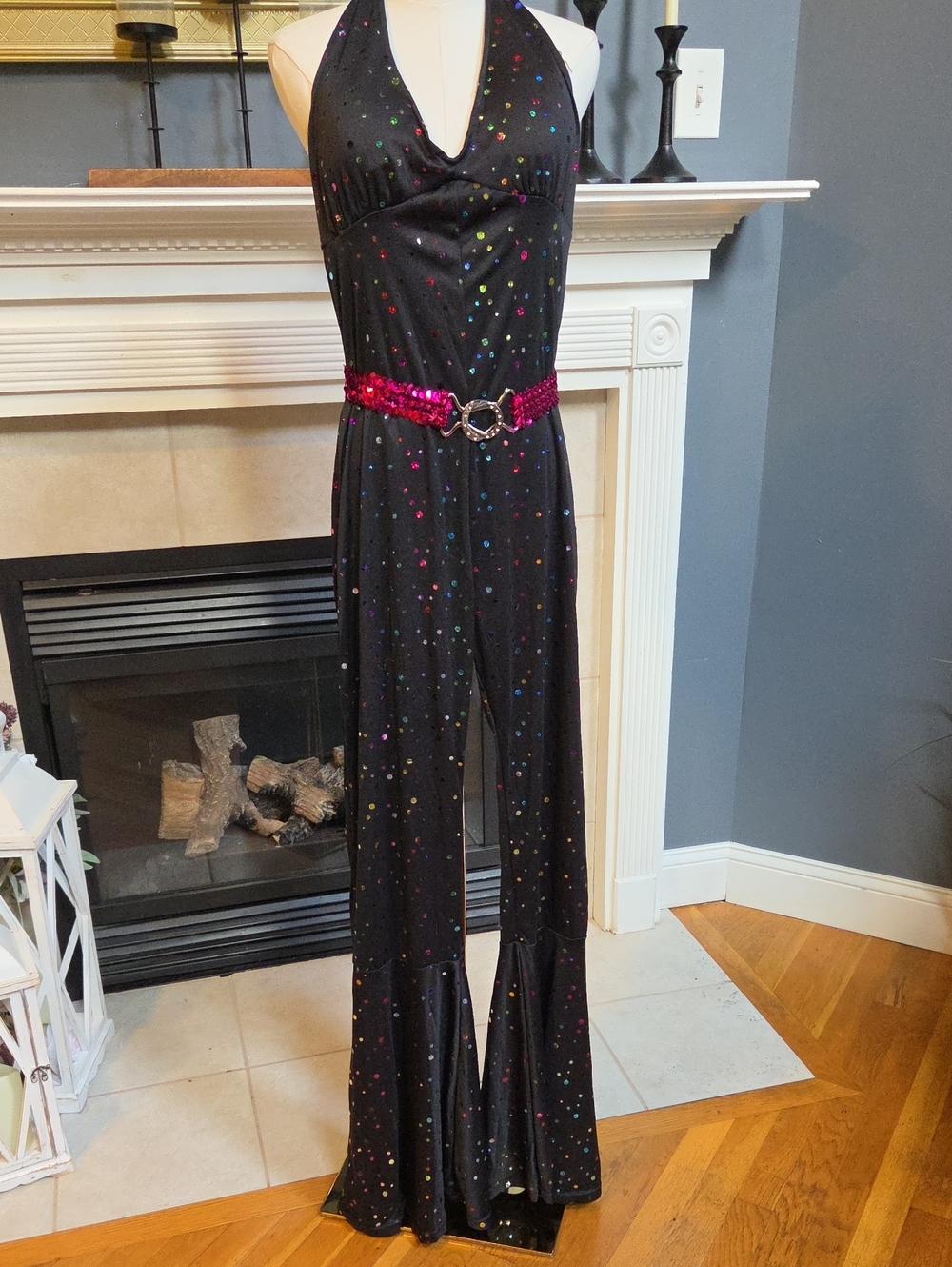 Black Halter Sequin-Accent Jumpsuit with Pink Belt Size Large